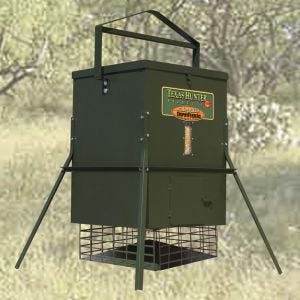 Texas Hunter 300 lb. Trophy Feeder with Heavy Duty Hanging Bracket, shown with optional SP12 Solar Charger.