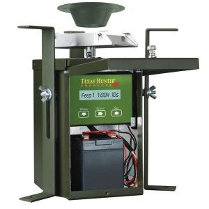 Texas Hunter 12 Volt Wildlife Feeder Kit Inside View with 12 Volt Rechargeable Battery