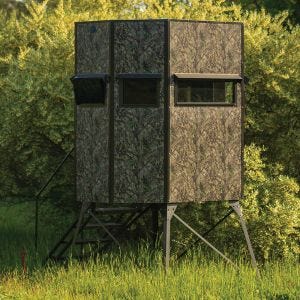 Texas Hunter Products 5' x 7' Wrangler Hide-A-Way Camo Hunting Blind with Rifle Windows and 4-foot Powder-coated Steel Tower, with Full Door and Full Height Handrails.