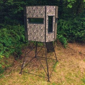 Texas Hunter Products 5' x 7' Wrangler Hide-A-Way Camo Hunting Blind with Combination Bow & Rifle Windows, Walk Through Door and 8-foot powder-coated steel Tower, Staircase and full-height Handrails.