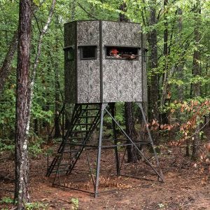 Texas Hunter Products 5' x 7' Wrangler Hide-A-Way Camo Hunting Blind with Rifle Windows, Walk Through Door and 8-foot powder-coated steel Tower, Staircase and full-height Handrails.